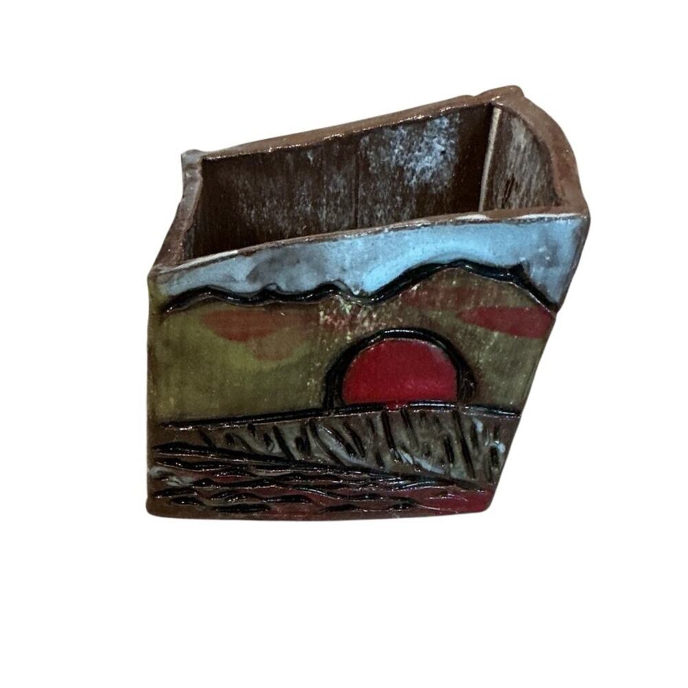 Art Pottery Vase Box Decor Primitive Rustic Kunor Signed Sunset Abstract Brown